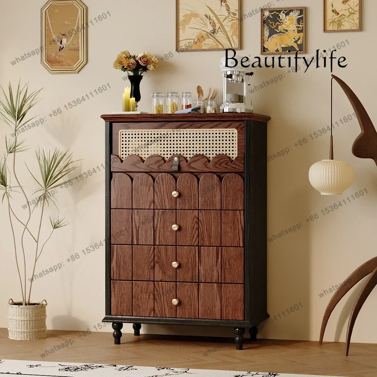 

French retro medieval style solid wood bedroom storage small apartment living room home designer