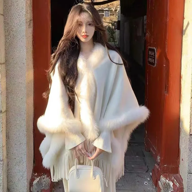 Imitare cashmere Autunno Inverno Poncho Cappotto avvolgente con nappe per donna Mantello caldo morbido per atmosfera fotografica P2