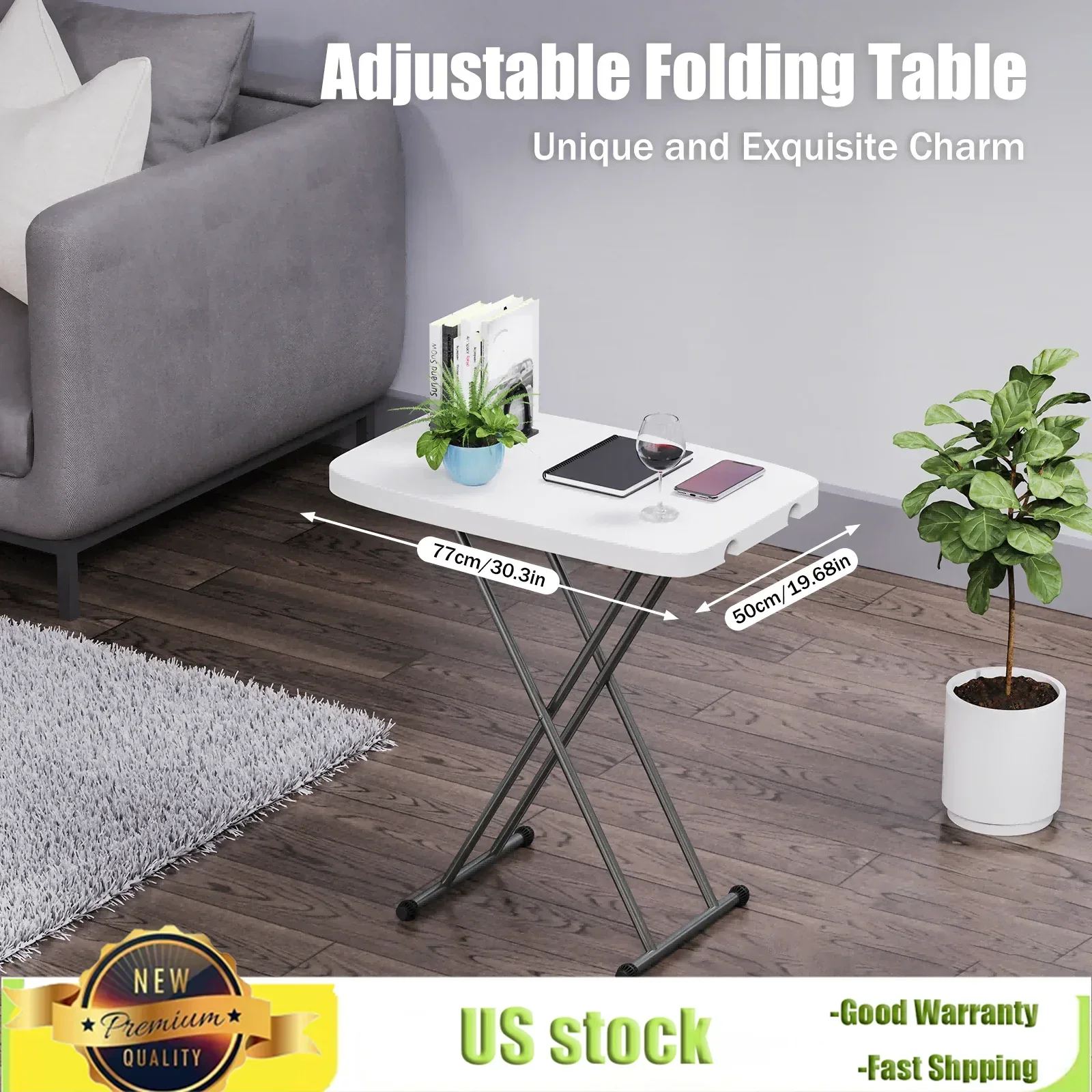 

Bymaocar Indoor Dining Table, White TV Tray, Side Desk, Folding Table for Games and Picnics, Height Adjustable with Foot Pads