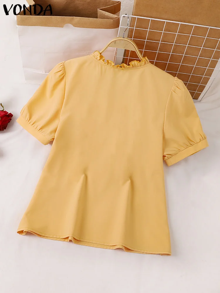 VONDA 2024 Summer Women Blouses Short Sleeve Ruffled V-Neck Elegant Shirts Fashion Casual Solid Color Tunic Tops Loose Blusas