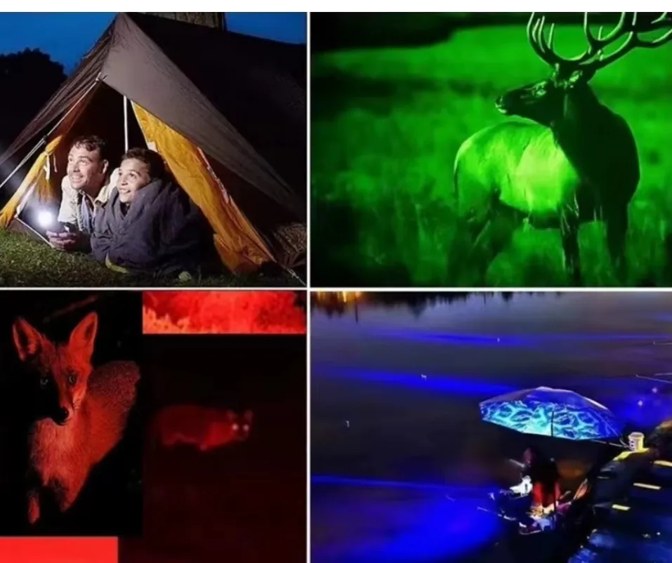 4 color Multiple light sources white yellow orange red blue green four color flashlight LED extendable and variable focus sunset