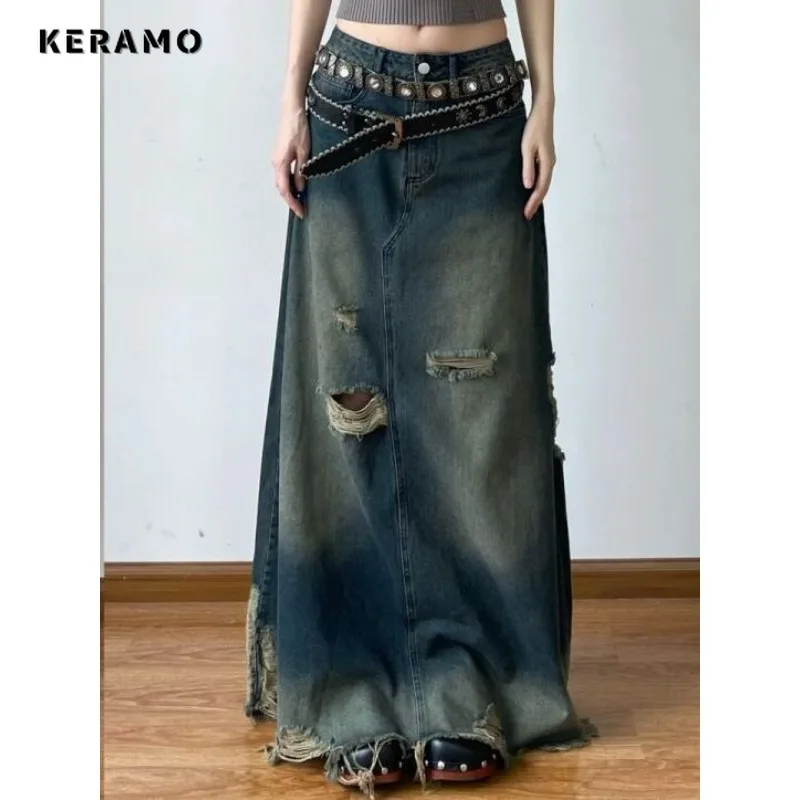 American Retro Denim Skirt Women Trendy Ripped Design Baggy A-line Long Skirt 2024 Harajuku Casual Streetwear Female Clothes