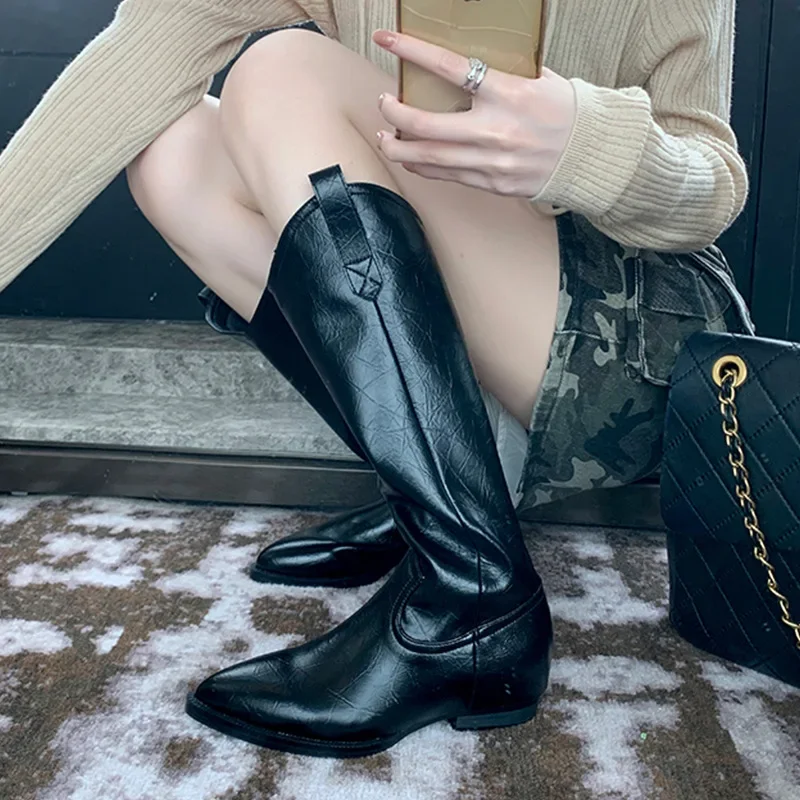

Leather Pointy Toe Slimming Knight Boots Women's Chunky Heel Western Cowgirl Botas Casual Knee-High Bootines Lady Shoes