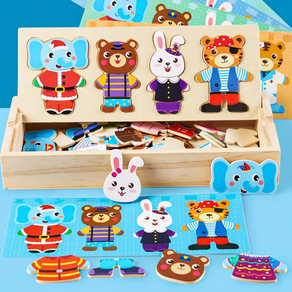 Wooden Dress Up Puzzles Montessori Toys Animal Bear Change Clothes Jigsaw Puzzle Box Matching Games Dressing Kid's Travel Set