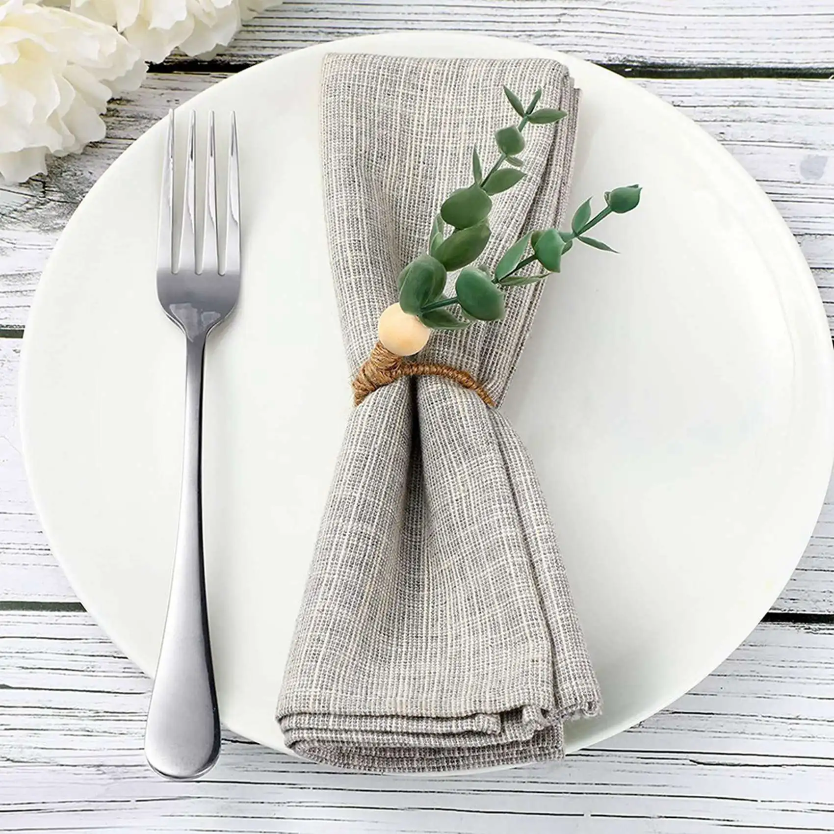 A27F-12 Pieces Eucalyptus Napkin Rings Handmade Wooden Beads Home Decor Faux Greenery Napkin Holders For Weddings,Party,Etc