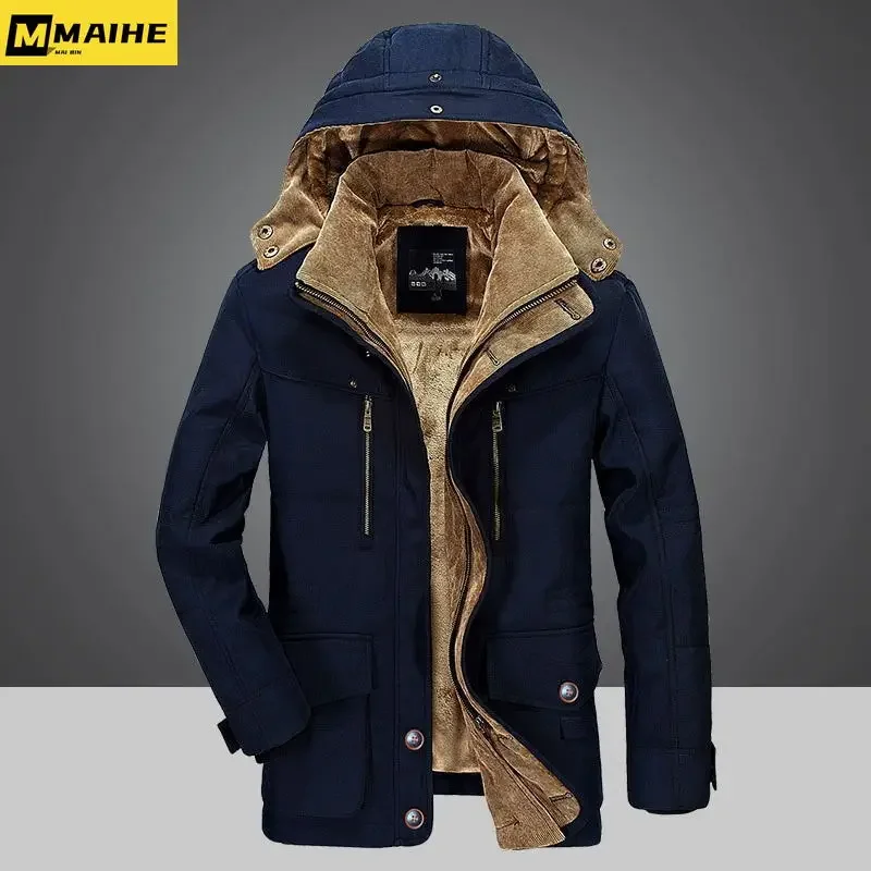 Giacca invernale da uomo 2024 Parka di media lunghezza più velluto spesso caldo Multi tasche giacche Solid Parka cappotto maschile abbigliamento di grandi dimensioni