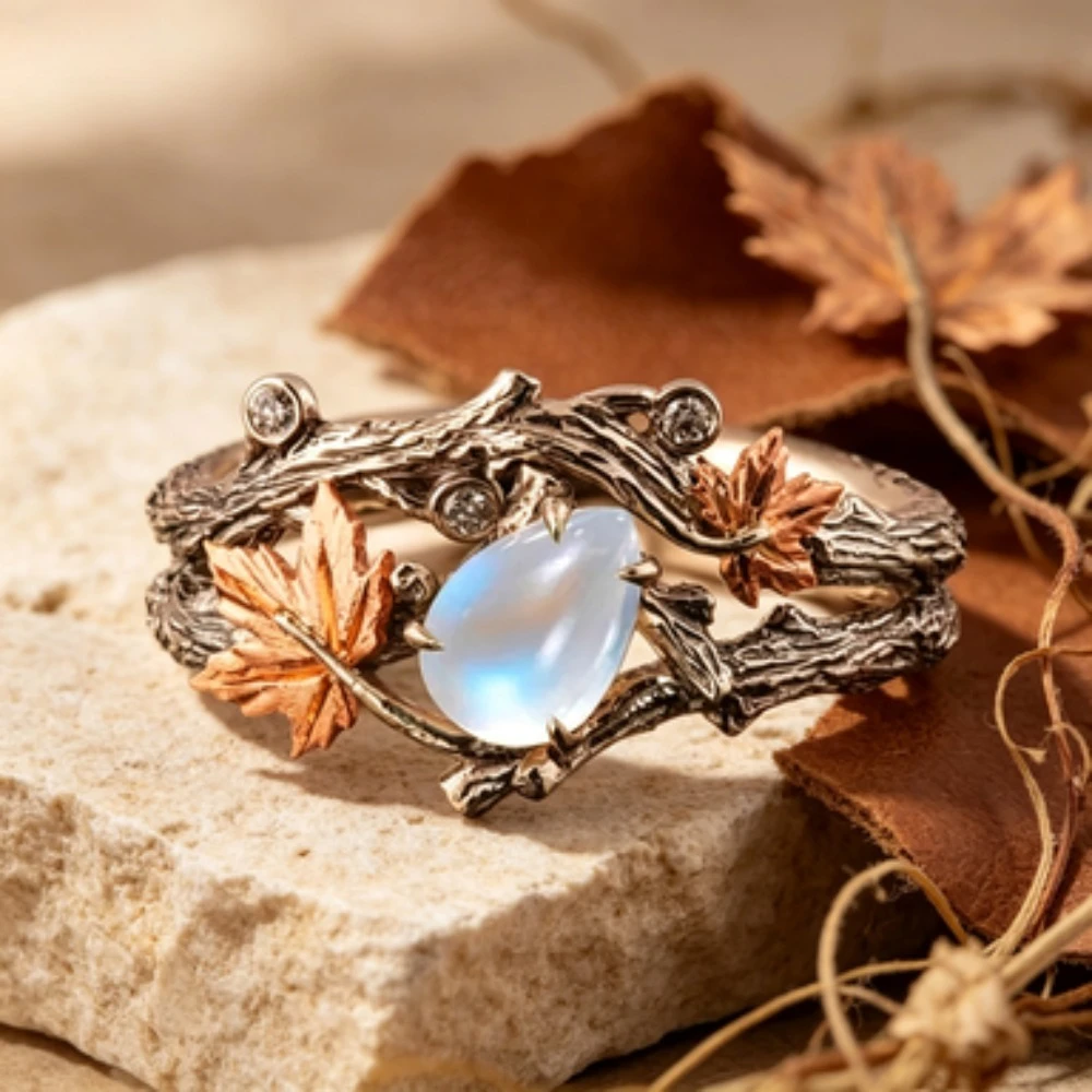 Vintage Ahornblatt-Mondstein-Ring, Böhmischer Verstellbarer Legierungsring, Tägliches Tragen Party-Schmuck für Frauen Geschenk