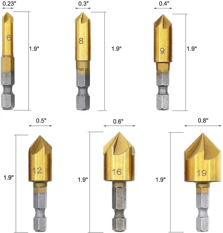 8PCS Wood Plug cutter,6pcs 1/4" Hex 5 Flute 90 Degree Countersink Drill Bits,7pcs Three Pointed Countersink Drill Bit with L-wre
