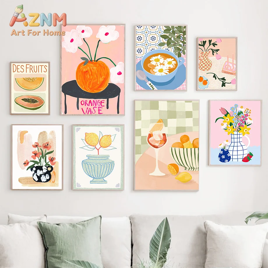 AZNM Colorful Fruit Flower Vase Canvas Wall Art, Fresh Lemon Floral Drink Poster, Cute Kitchen Dining Room Aesthetic Home Decor