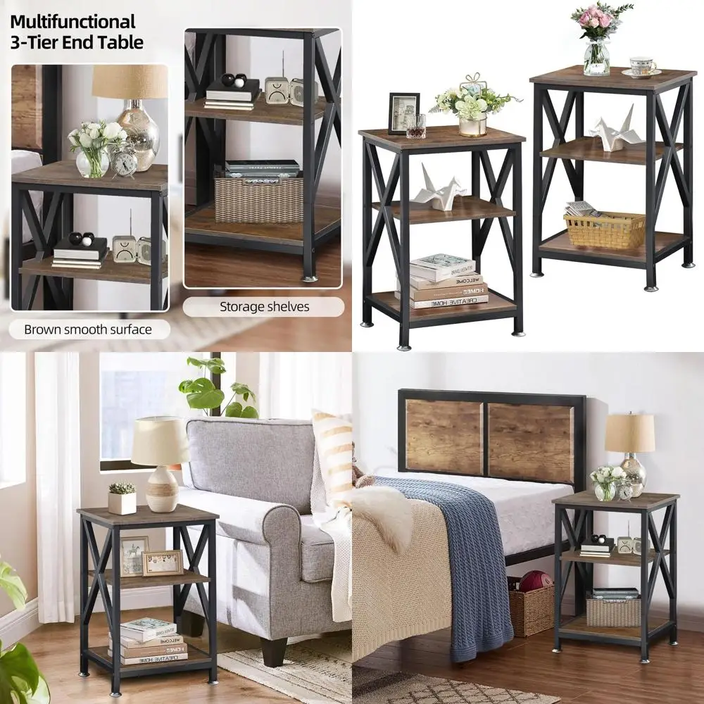 Pair of Farmhouse Style End Tables with Storage, 16x12x24, Espresso Wood and Metal Nightstands for Living Room