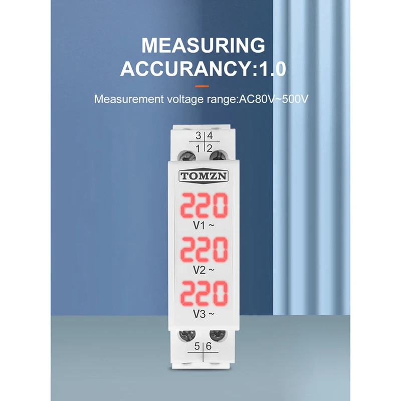 TOMZN Din Rail 18Mm Voltage Meter AC 40-500V Three Phase Modular Voltmeter Indicator LED Digital Display Detector