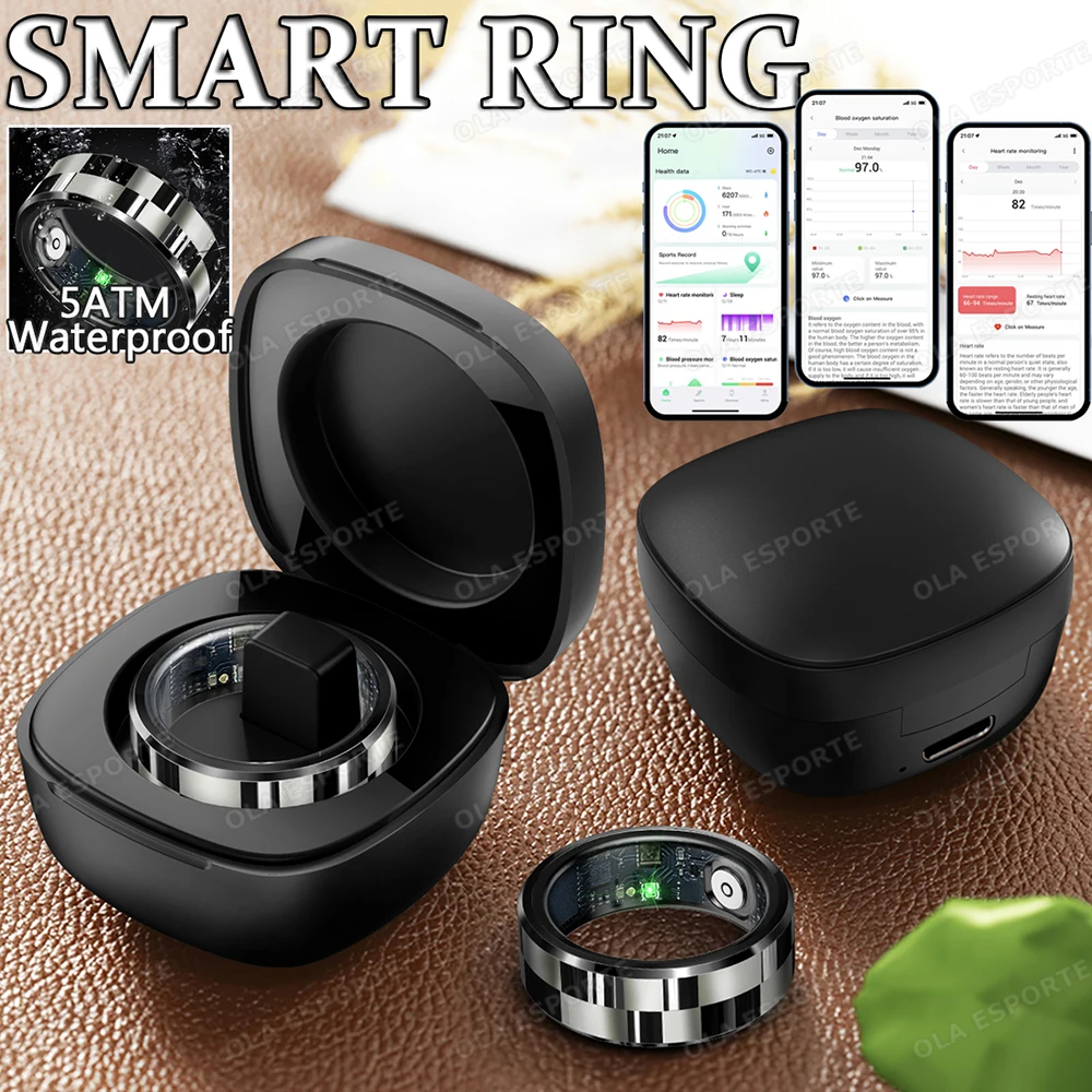 

Новый военный смарт-кольцо 2025 для мужчин и женщин, чехол для зарядки, пульс, кислород в крови, контроль жестов, GPS, движение, 5 атм, водонепроницаемый Smartring