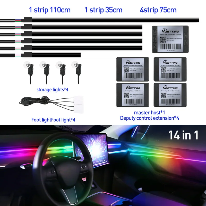 Full Color Streamer Auto Omgevingslichten RGB 64-kleuren Universeel LED-interieur Verborgen acrylstrip Symfonie Sfeerlamp