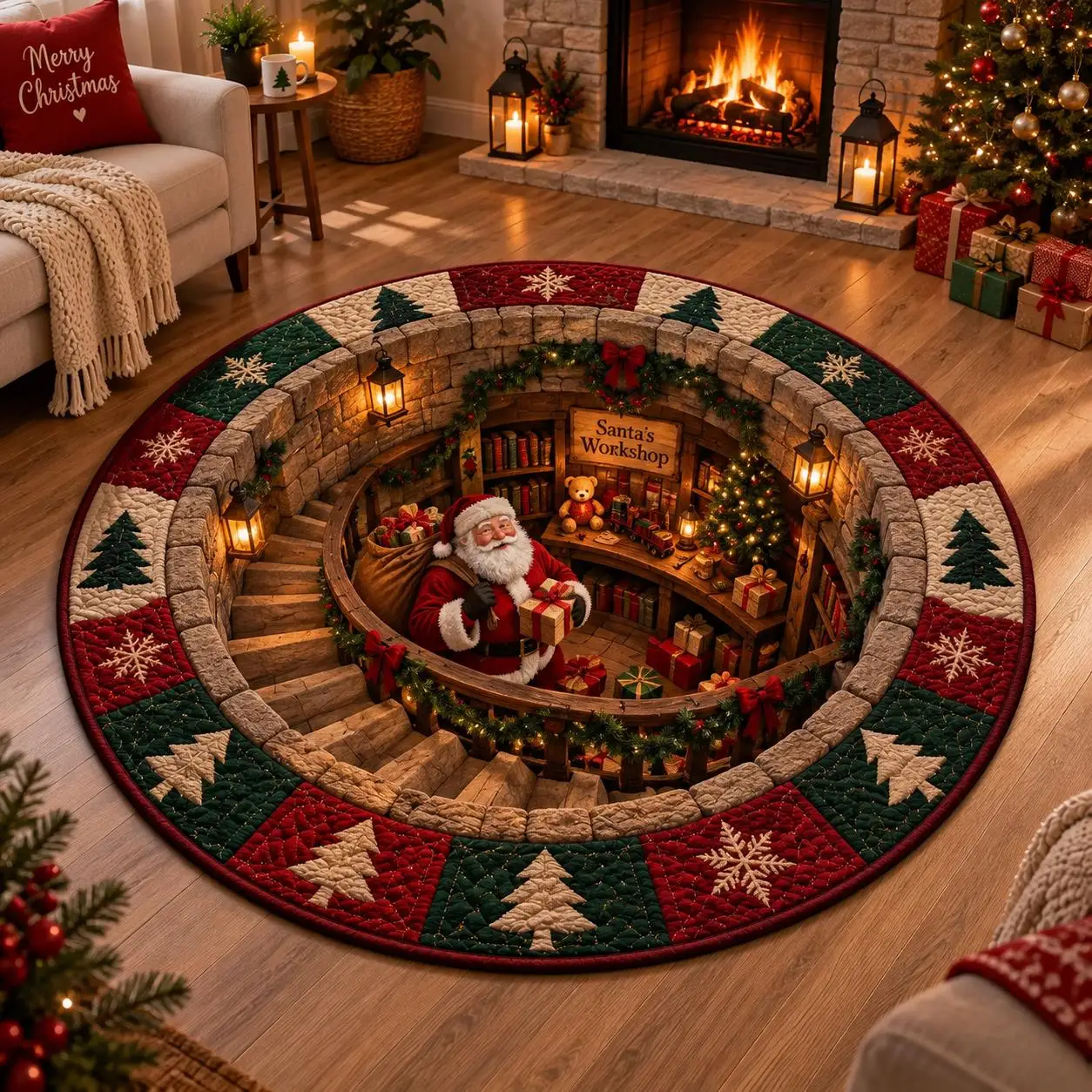 Happy Santa Claus Greeting 3D Hole Carpet Stone Ladder Gift Pattern Large Circular Area Rug Holiday Party Decor Floor mat