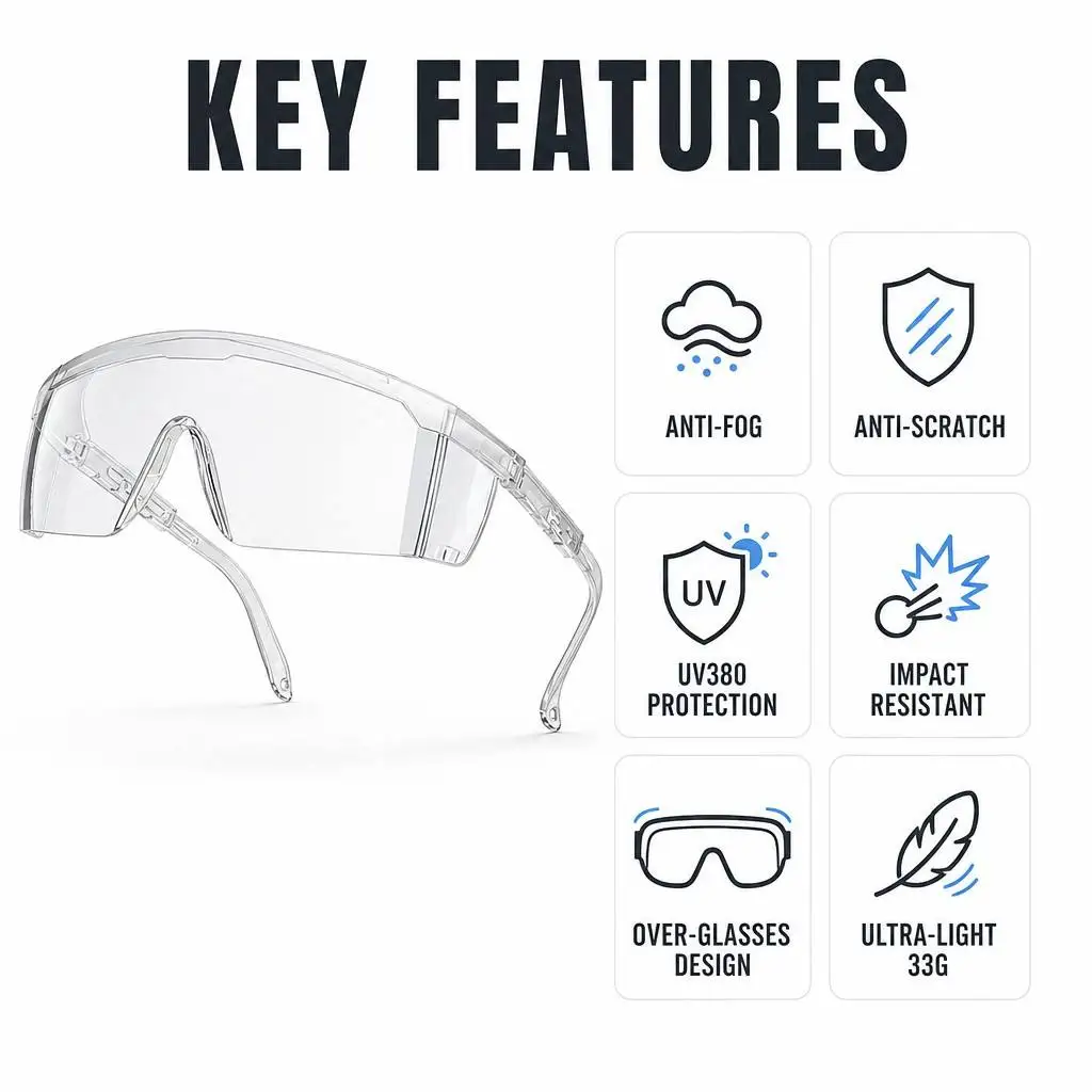 Clear Safety Glasses Anti Fog Anti Scratch UV380 Impact Resistant Fit Over Glasses Adjustable Temple Lightweight PC Lens OEM ODM