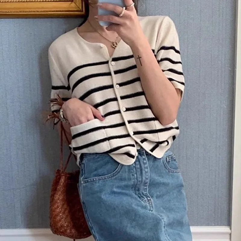 Women Clothing Fashion Striped O-neck Short Sleeve T-shirt Summer Casual Chic Pockets Knit Cardigan French Elegant All-match Top