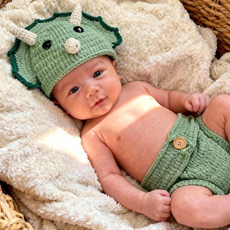 Accesorios de fotografía recién nacido de dinosaurio de ganchillo, conjunto de pantalones cortos y gorro tejido para bebé, disfraz de Animal infantil, trajes de estudio para sesión de fotos, 2 uds.