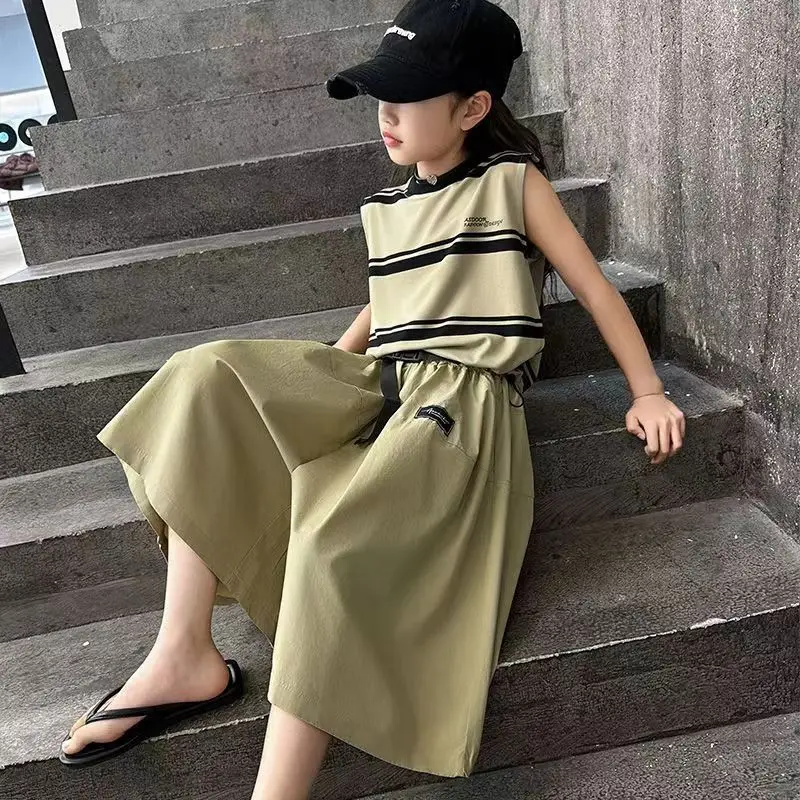 2026 summer girls Cloth Child set sleeveless Suit Teen striped t shirt top + Elastic Waist bloomers pant skirt 4 8 10 12 14 year