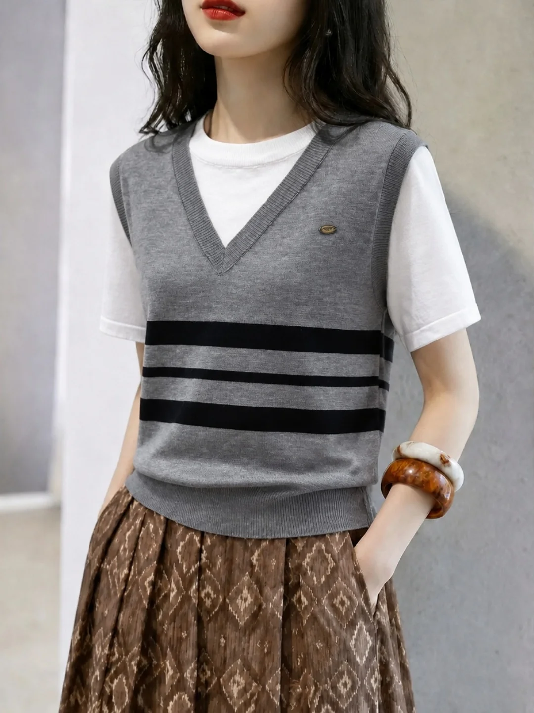 Color Block Knitwear Commute Style Women's Simple Versatile Basic Top Loose Fit Short Sleeve Korean Version Soft Material