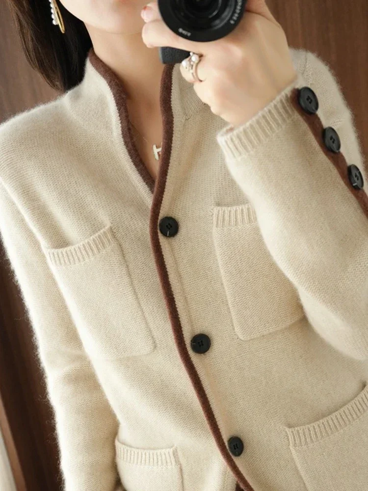 Qnpqyx neue Herbst Winter Pullover Frauen einfarbig Stehkragen lässige Tops koreanische Mode weibliche Jacken weiße Strickjacke Frauen