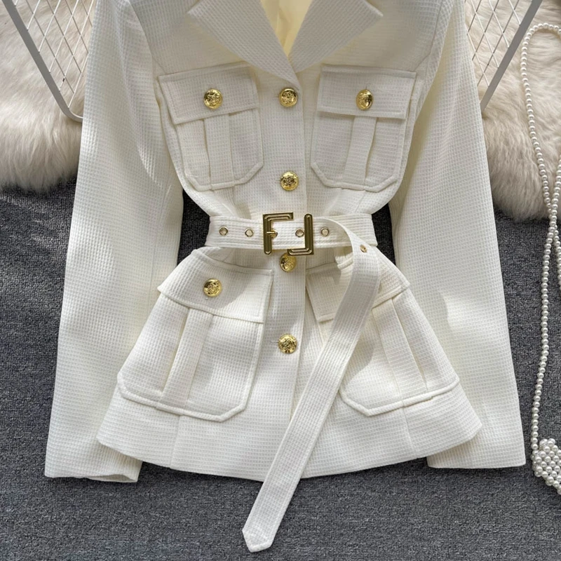 New Autumn Winter Outerwear Fashion Vintage Golden Buttons Pocket Coat Women\'s Notched Collar Belted Blazers Jackets Tops