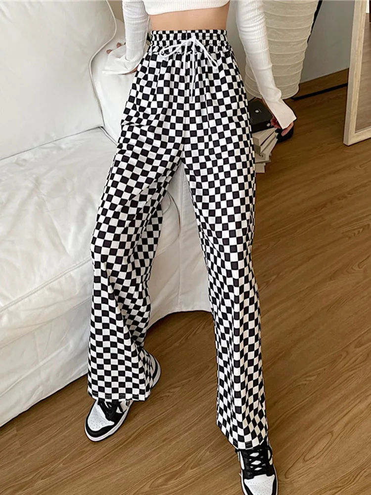 drawstring sweatpants jogger Women wide leg Pants Retro High Waist Checkerboard Grid Elastic woman Pant black loose Long Trouser