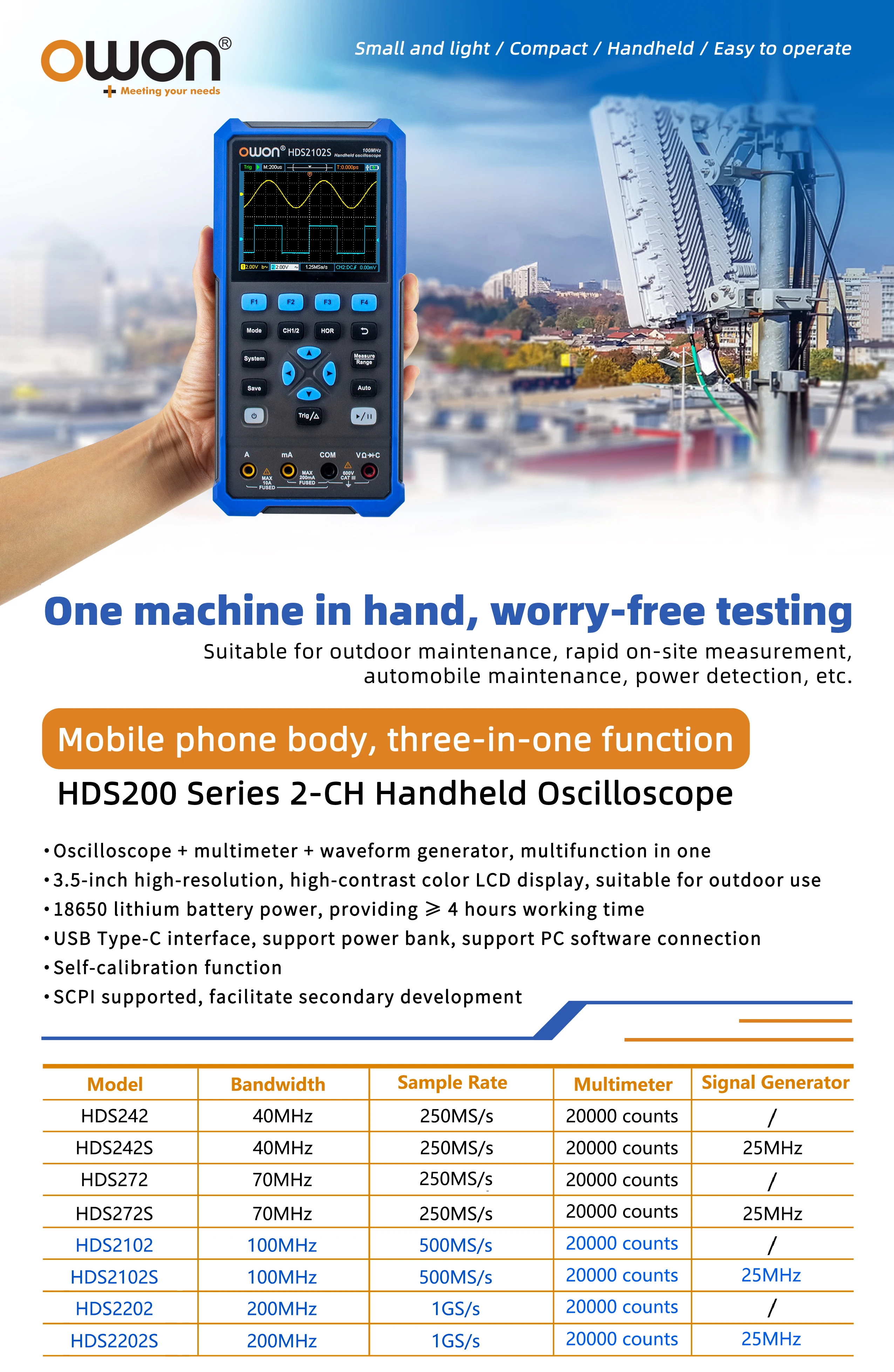 OWON HDS2202S HDS200 Serie Handheld Digital Oszilloskop 200 MHz 1GS/s 3 In 1 2 Kanäle Osciloscopio Multimeter + 1CH Generator – Detail 2