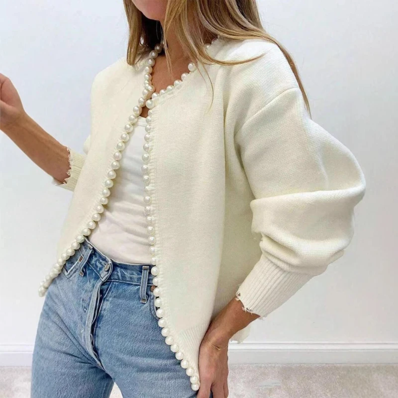 

2025 Solid Color Cardigan With Faux Pearl Trimmed Distressed Hem Long Sleeve Wool Long Sleeve Tops blusão de lã feminino tricô