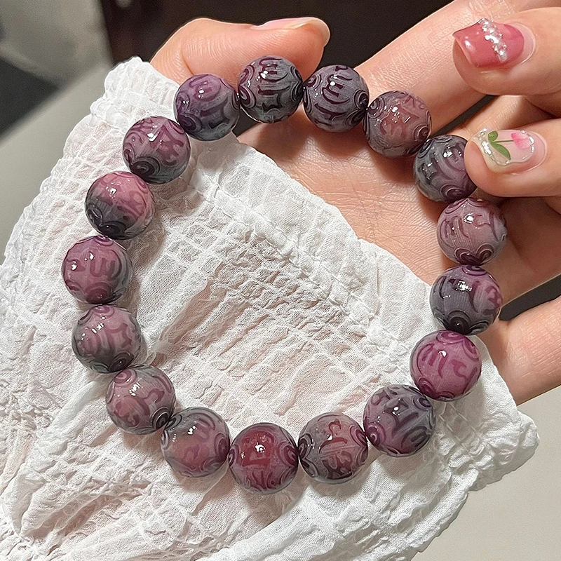 Fashion Jewelry Natural Purple Jade Bracelet Single Ring Bodhi Root String Hand Carved Hotan Jade Gifts For Men And Women