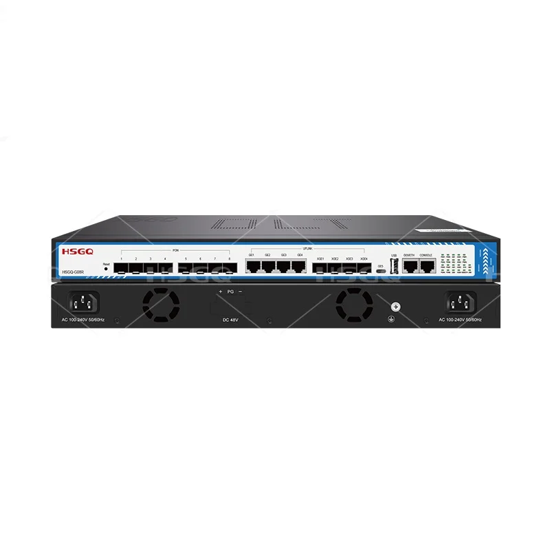 GPON OLT HSGQ-G08R 8 منافذ محطة الخط البصري مع وحدة 10GE C ++ SFP معدات الشبكة الضوئية من الألياف ONU