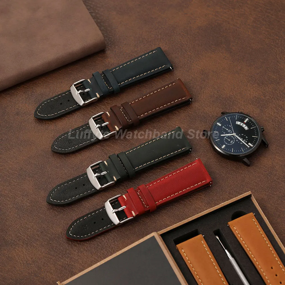Retro Men Calfskin Watch Band 18 20 22mm with Quick Release Spring Bars Gift Box Durable Crazy Horse Leather Wrist Strap