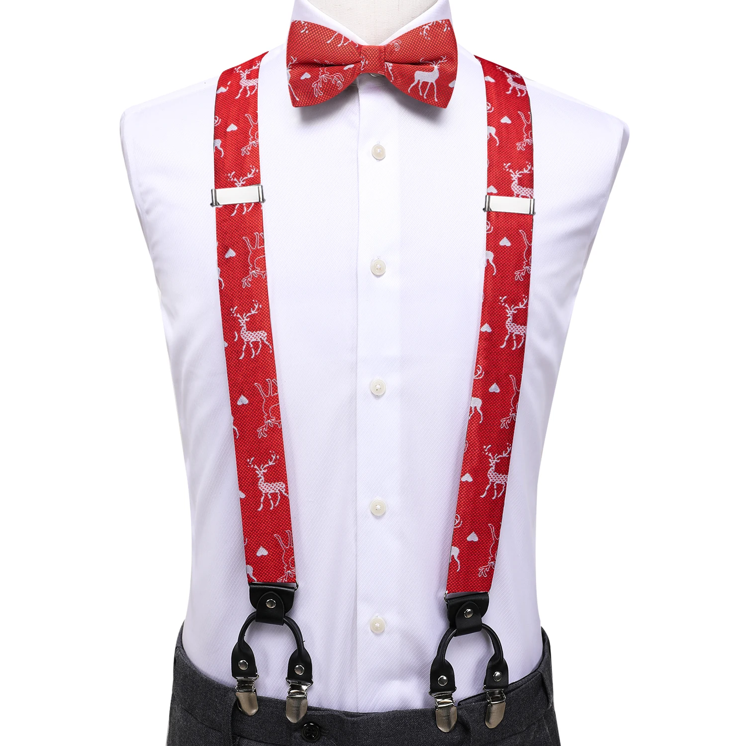 Hi-Tie Red Silk Mens Christmas Suspender Bowtie Hanky Cufflink Adjustable Clip On Xmas Brace for Male Wedding Wholesale