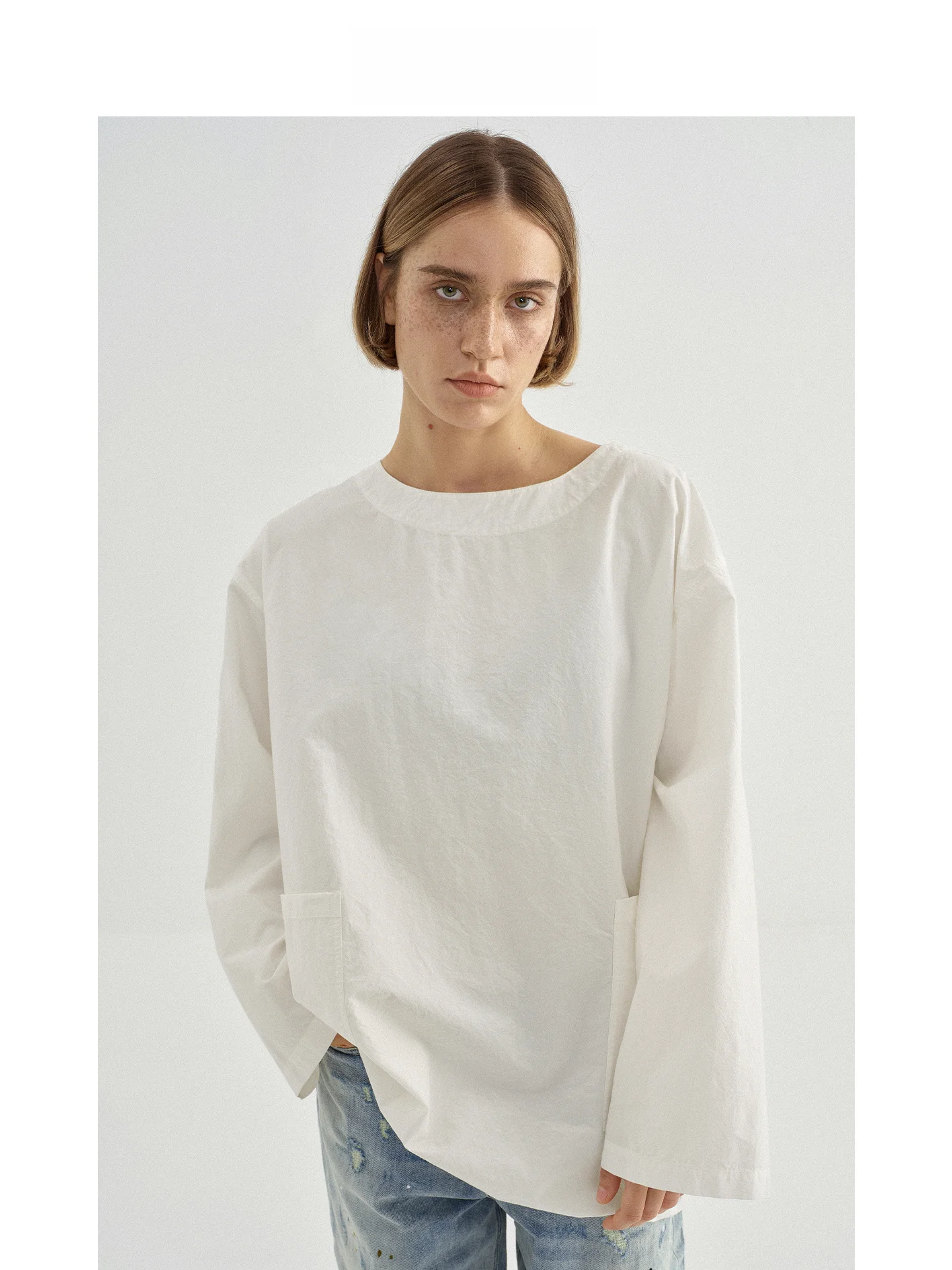 

Mincollection round Ne ket White irt Paper Feel Cotton Dstring Hem Casual Loose Fit Women's irt Daily Wear