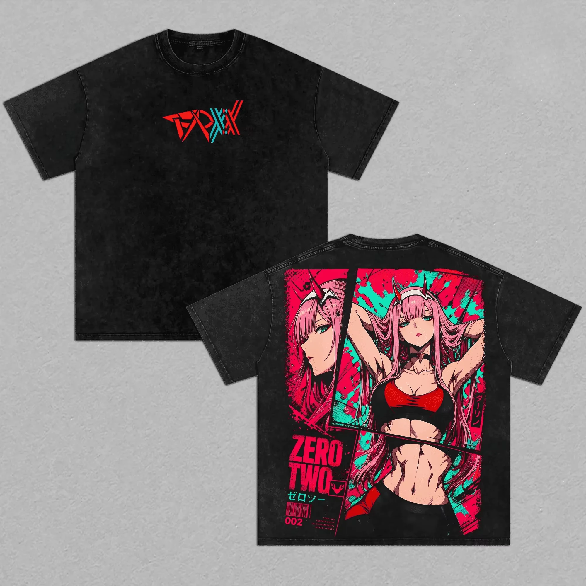 Camiseta unisex vintage lavada de verano de manga corta, camiseta cómoda para mujeres y hombres de Zero Two Anime DARLING in The FRANXX