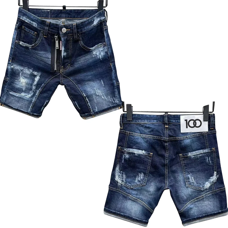 chareiharper  D307 Ripped patch digital printed straight tube hipster men's denim quarter shorts