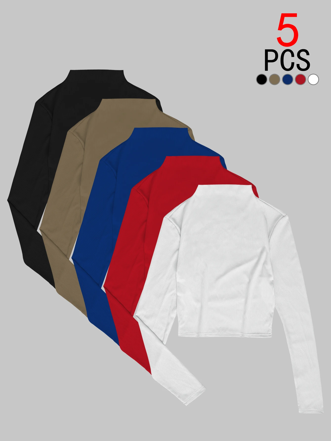 

5-Piece Set of Women's Stand-Up Collar Ribbed Base Shirts, Stretchy, Solid Color, Versatile, Vintage Style