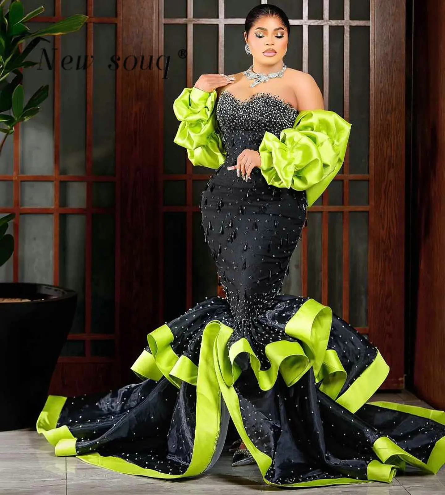 Gorgeous Black & Green Heavy Beading Mermaid Evening Dresses African Aso Ebi Crystals Tiered Ruffles Wedding Events Party Gowns