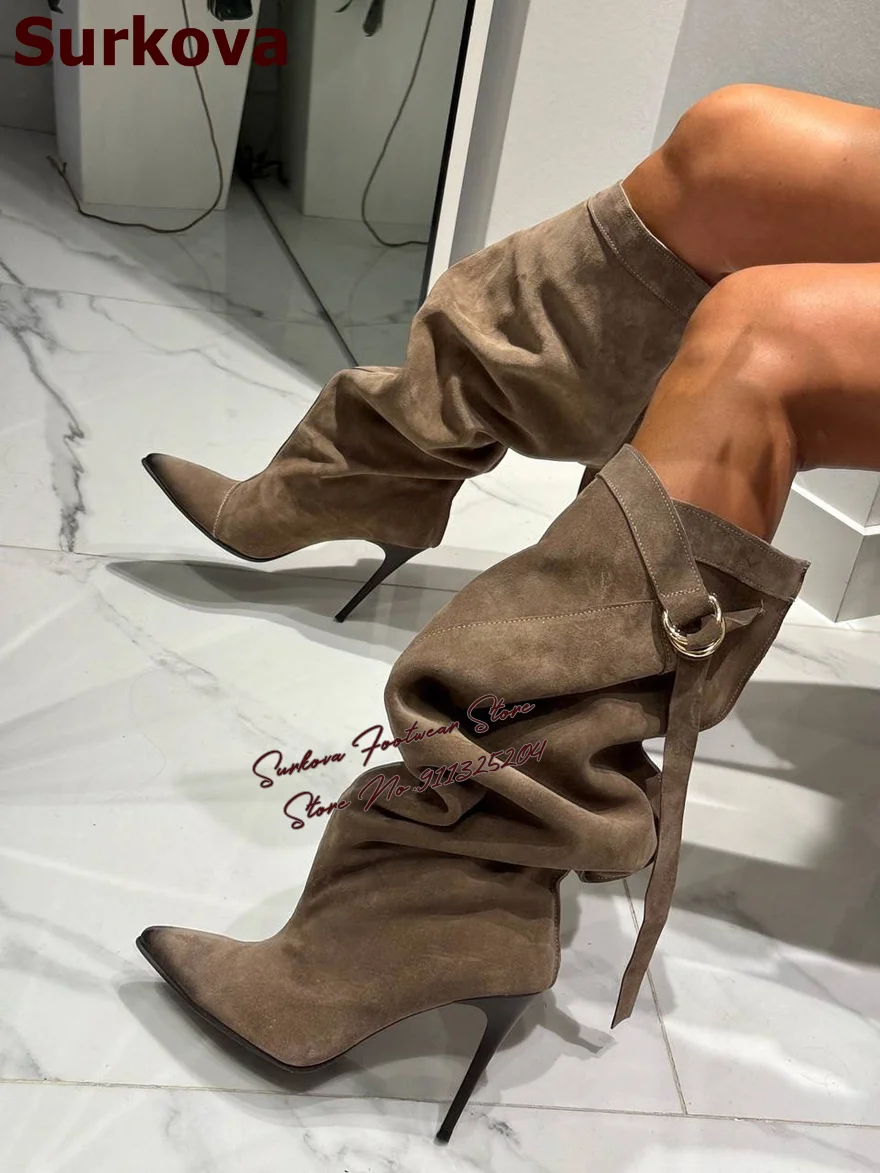 

Surkova Coffee Brown Suede Slouchy Knee High Boots Band Metal Ring Buckles Folded Boots Black Stiletto Heels Pointed Toe Shoes