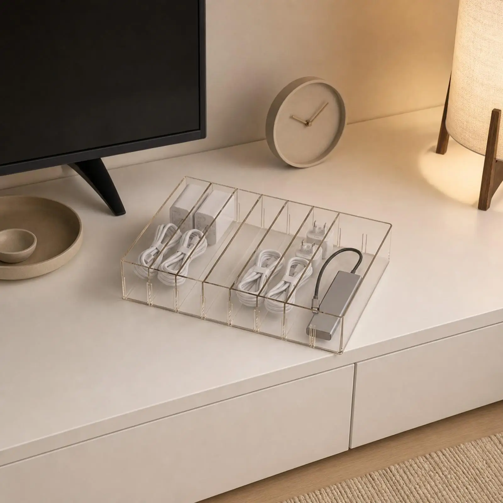 Cable Management Tray for Desk Under Desk with Adjustable Dividers for Power Adapters and Cords