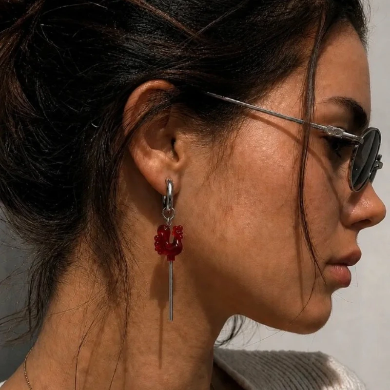 Vintage Creative Stereo Red Rooster Lollipop Acrylic Asymmetrical Earrings for Women Russian Folk Style Party Jewelry Daily Wear