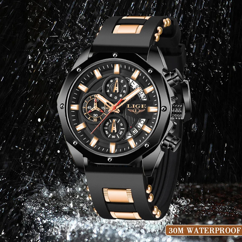 LIGE Luxury Mens Watch Sports Calendar Military Man Watch Waterproof Luminous Silicone Strap Chronograph Quartz Watches for Men