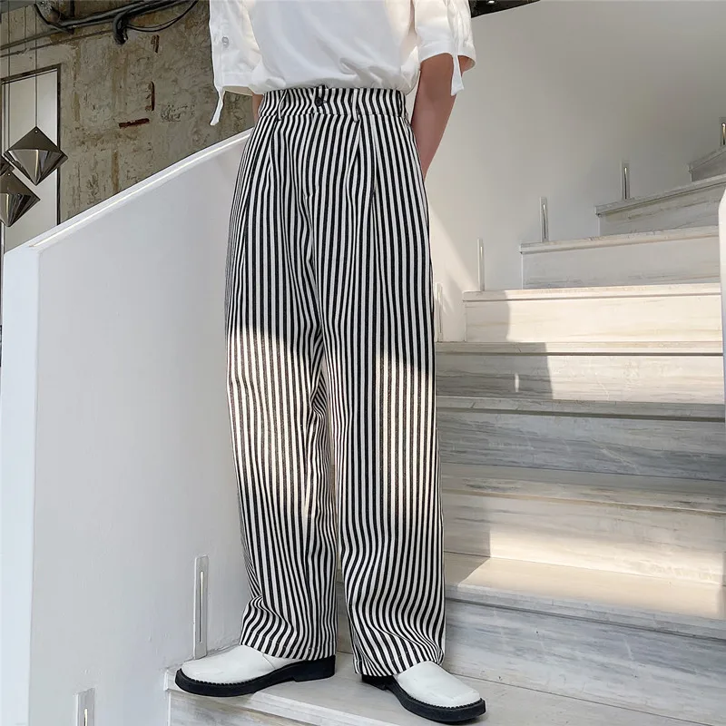 

Свободные прямые мужские повседневные брюки, модные весенние корейские брюки с высокой талией и полосатым узором, универсальные длинные брюки