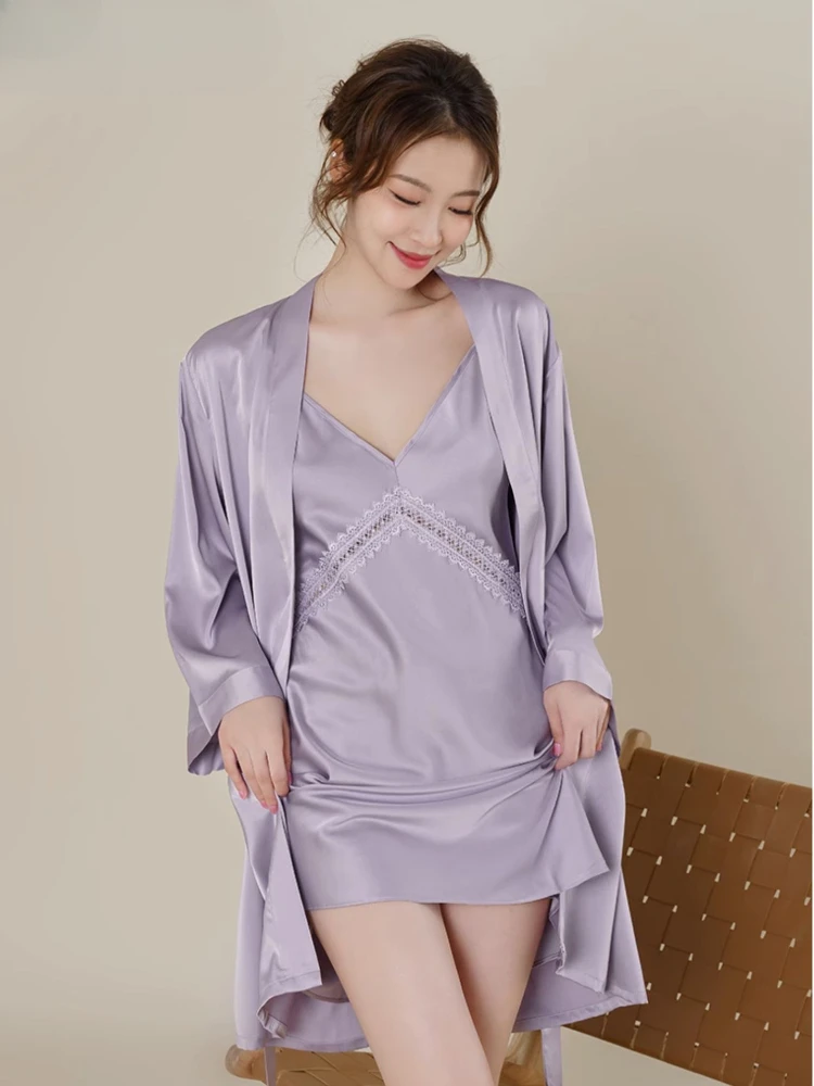 Sling Nightgown Women's Five-Piece Set Solid Color Lace Floral Exquisite Sexy V-neck Simple Wearable Gift Box Spring and Summer