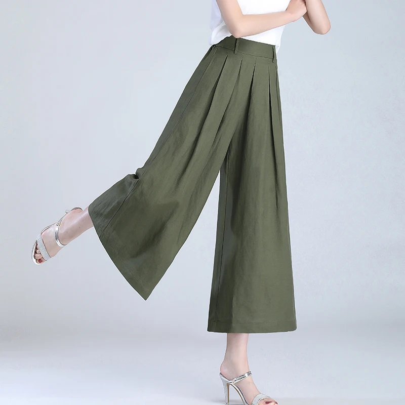 Linen Nine-Point Wide Leg Pants Women's 2024 Spring Thin Pants Skirt High Waist Eight-Point PantsCasual Loose Pants Cotton Linen