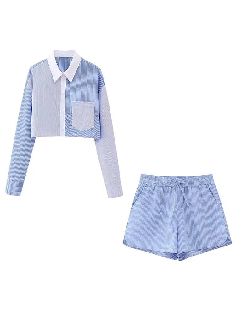 Foridol Stripes Crop Top+shirt 2 Pcs Outfits Women Casual Summer Autumn Casual Set Blue Matching Set Shorts Set Female Suit