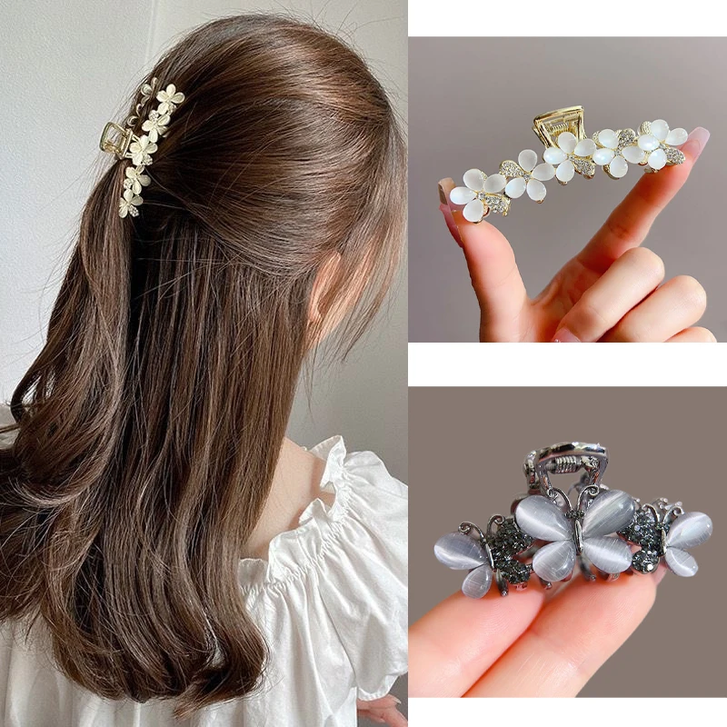 New Cat's Eye Stone Butterfly Hair Claw Fashionable Flower Rhinestone Elegant Shark Clip Women's Girls Hair Accessory