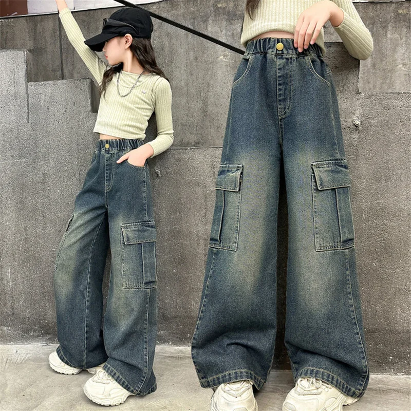 Pantalones Cargo Demin para niñas, pantalones vaqueros informales de pierna ancha para niños, ropa de calle de moda para adolescentes, pantalones holgados, ropa para niños de 5 a 14 años