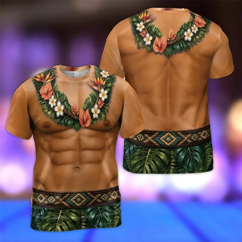 Novelty 3D Fake Body Muscle Pattern T‑Shirt Tropical Hawaiian Floral Bikini Muscle Torso Print Men Women Halloween Casual Tops