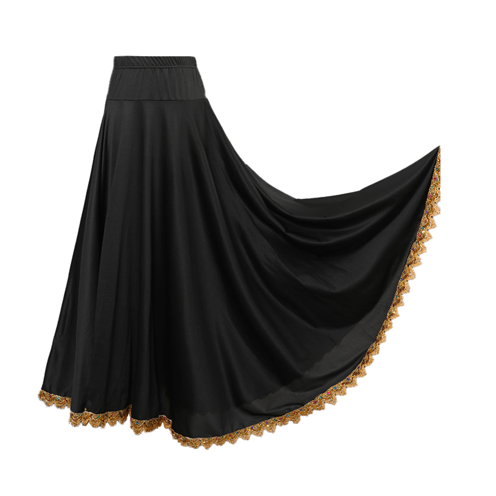 Ballroom Flamenco Dancing Skirts Stage Performance Costumes Elastic Waistband Gold Trim Big Swing Dance Long Skirt for Womens