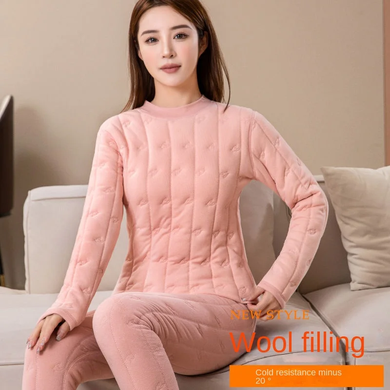 Winter Thermal Underwear For Women Sets Long Long sleeved Warm Solid Soft Casual Double Faced Quilted Top With Pants Thick Ski